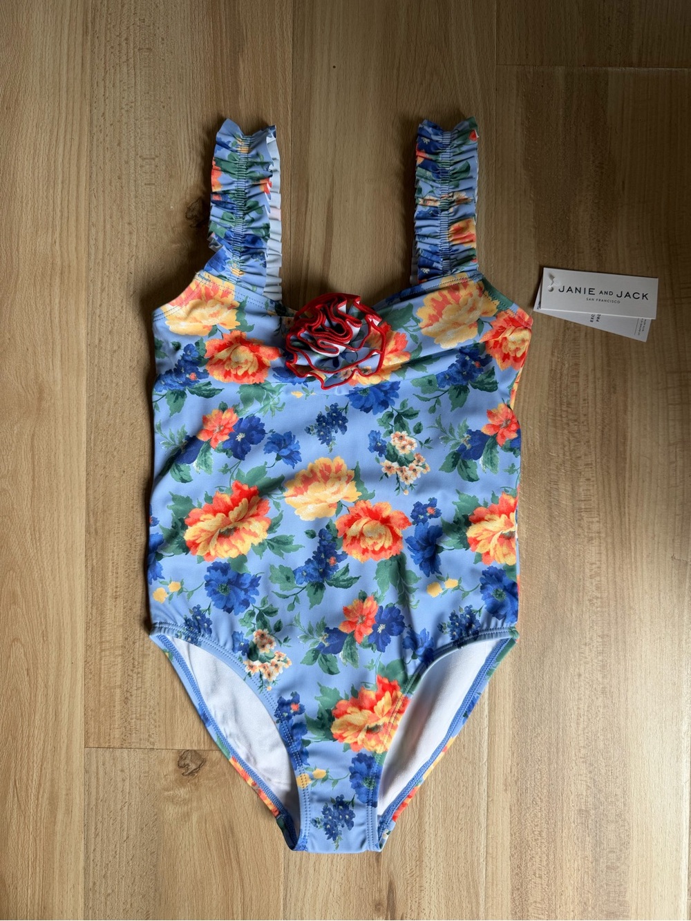 Janie and Jack Blue Floral One-Piece Swimsuit with Ruffle Straps